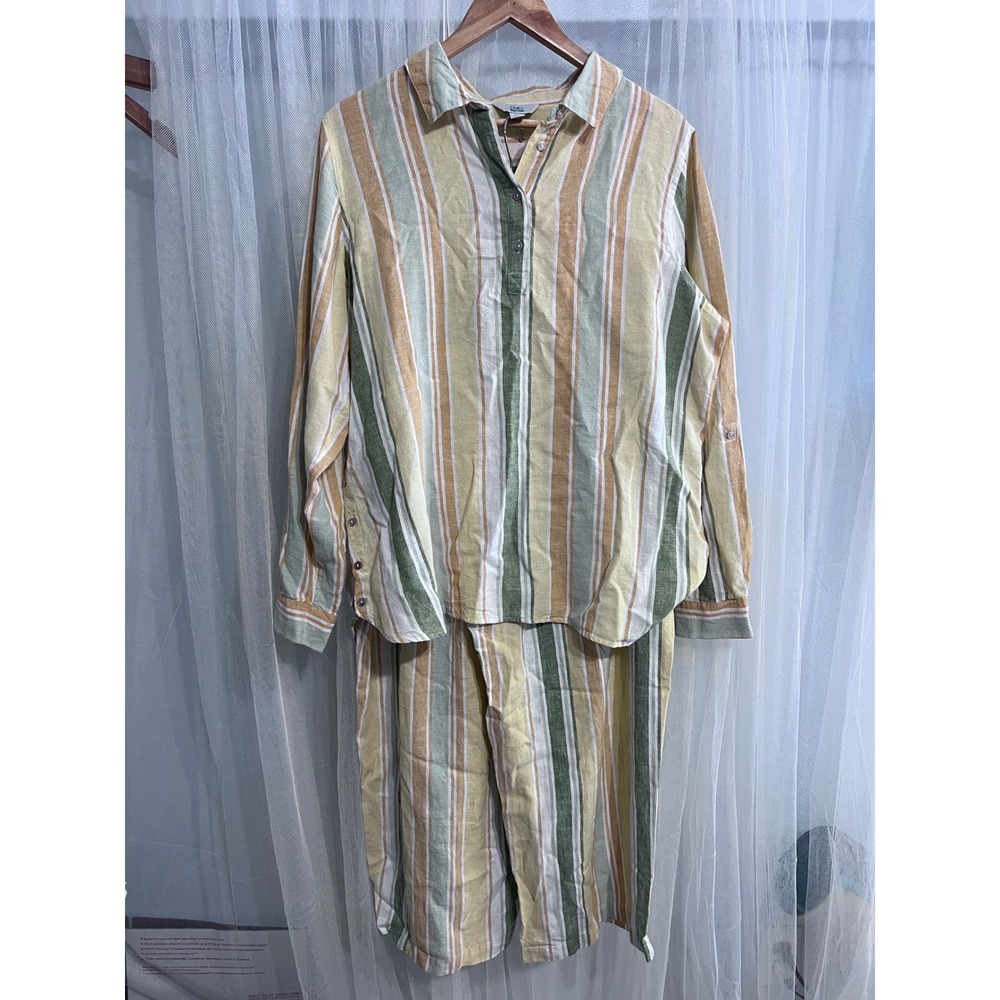 Croft & Barrow Womens XL set Green Tan Striped Button Front Wide Leg